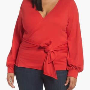 Halogen Red Wrap Blouse with Tie Detail